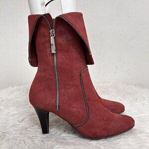Pilar Avril Red Leather Zipper Boots High‎ Heels Fold Over Size 40 EU 8.5-9 US
